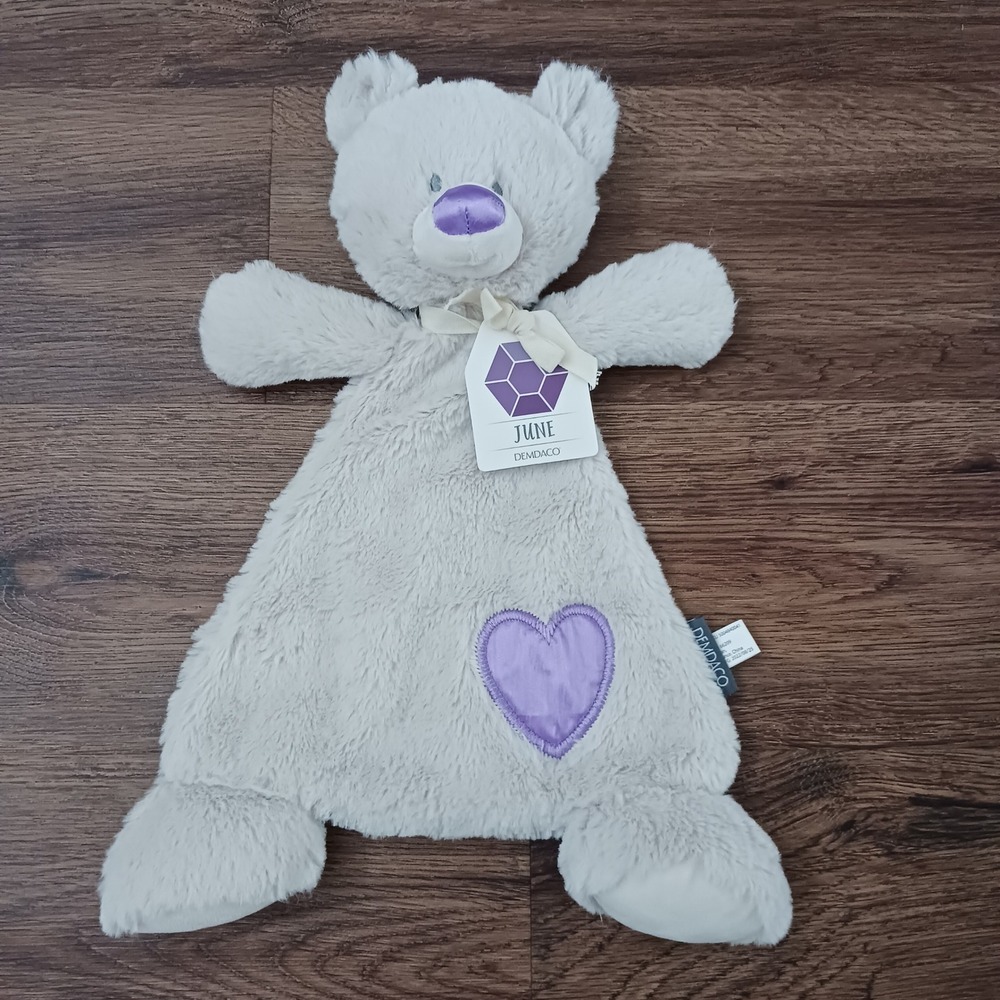 Demdaco June Birthstone Bear Lovey Security Blanket Purple Heart Gray Plush